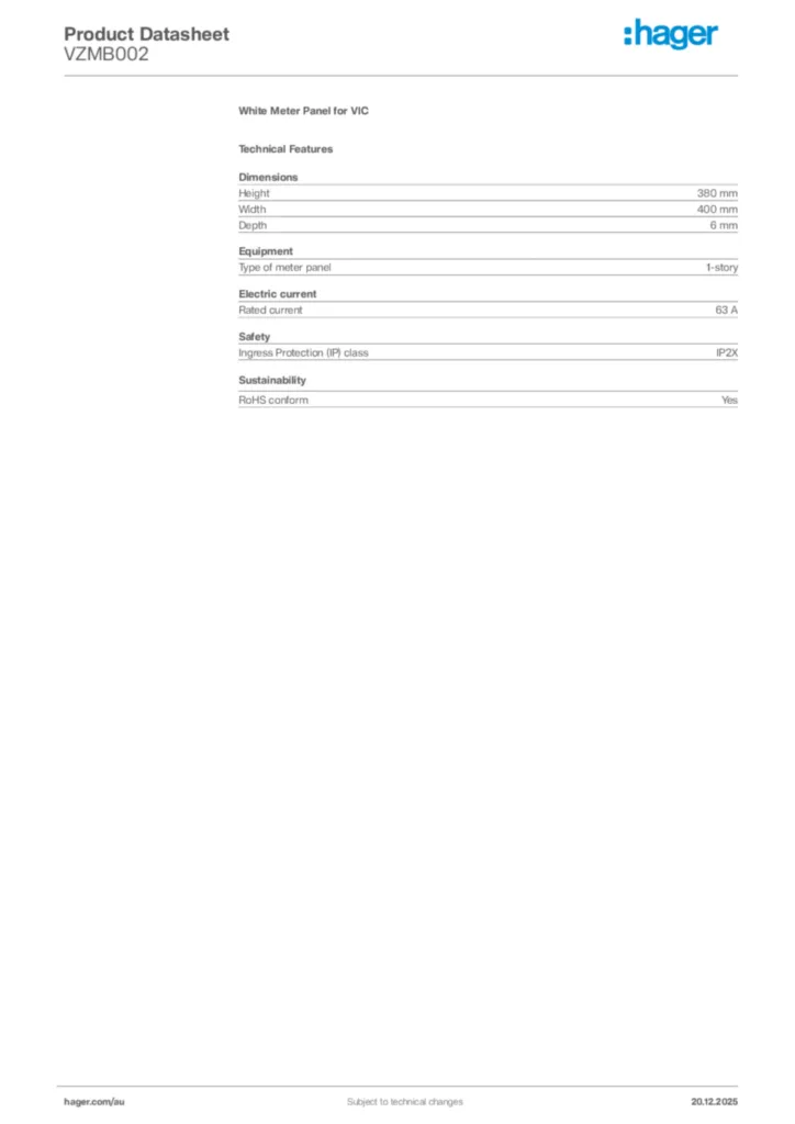Image Hager Product data sheet VZMB002  | Hager Australia