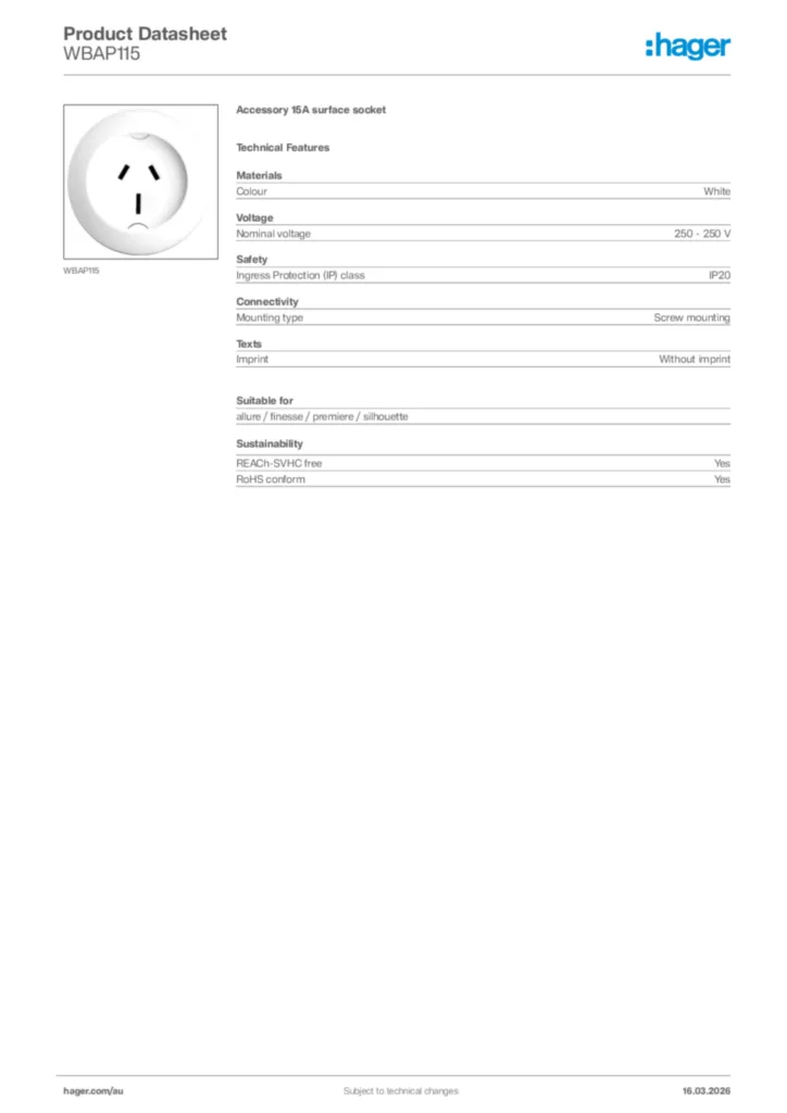 Image Hager Product data sheet WBAP115  | Hager Australia