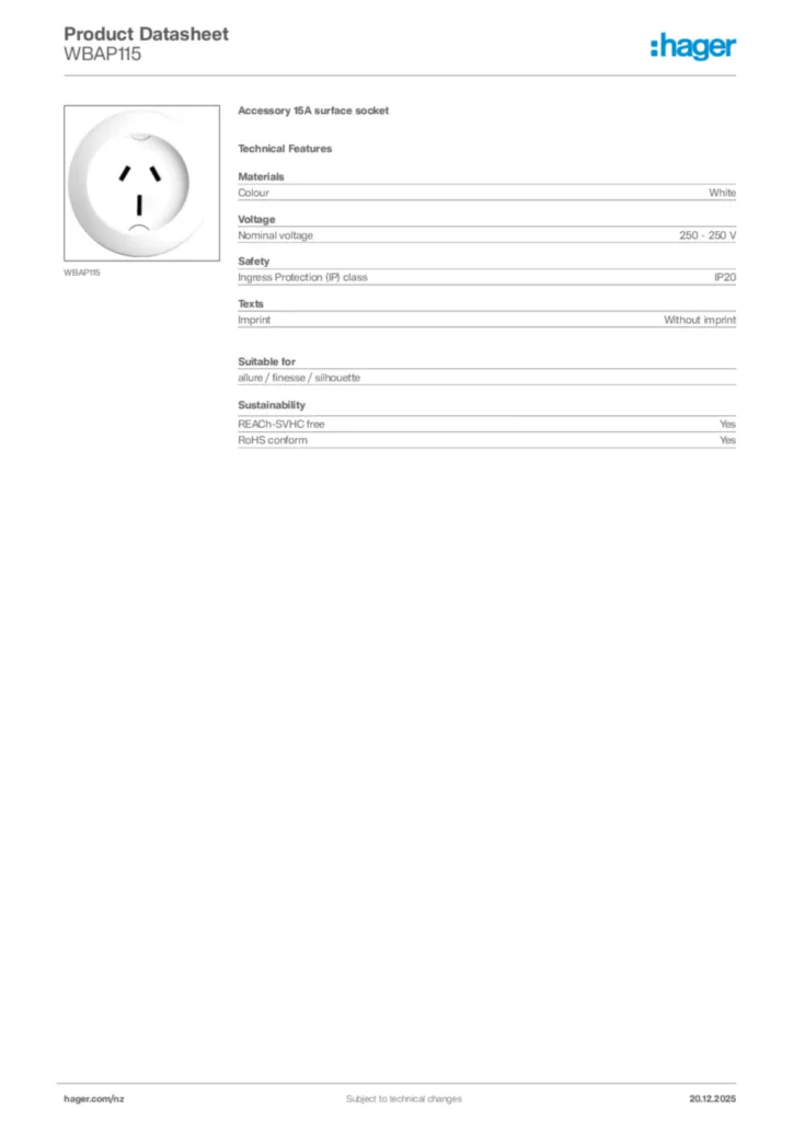 Image Hager Product data sheet WBAP115  | Hager New Zealand