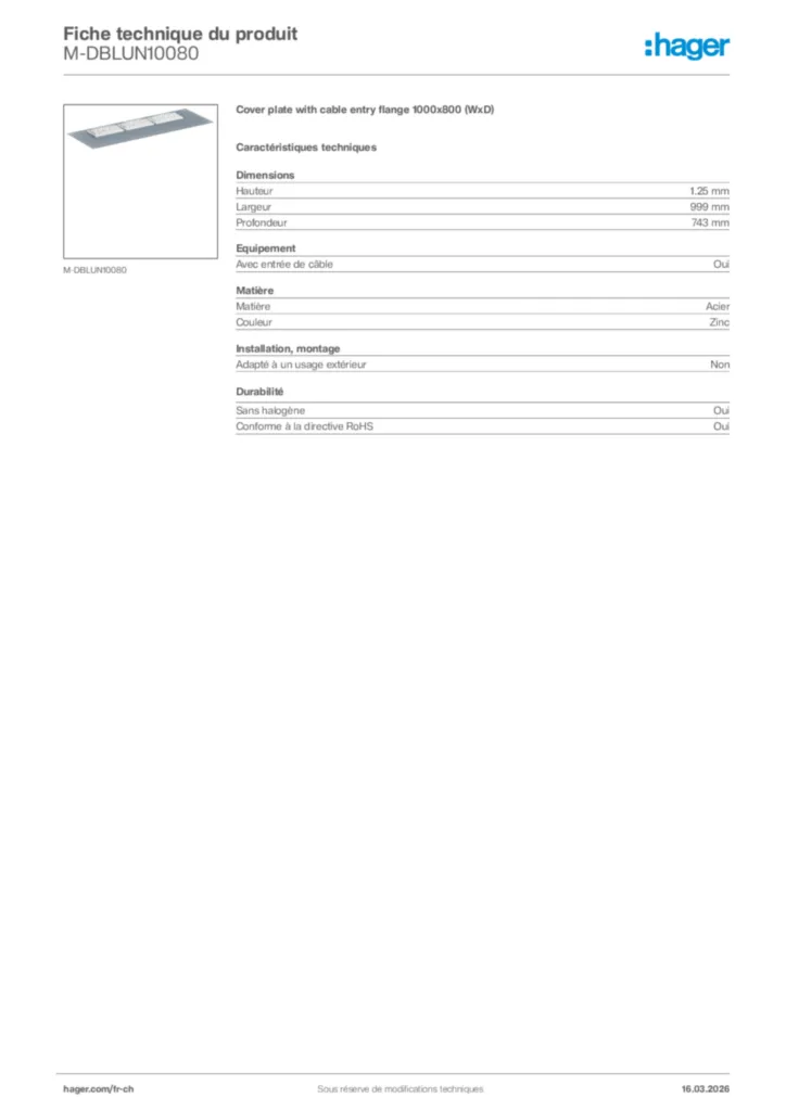 Image Hager Fiche technique du produit M-DBLUN10080 | Hager Suisse