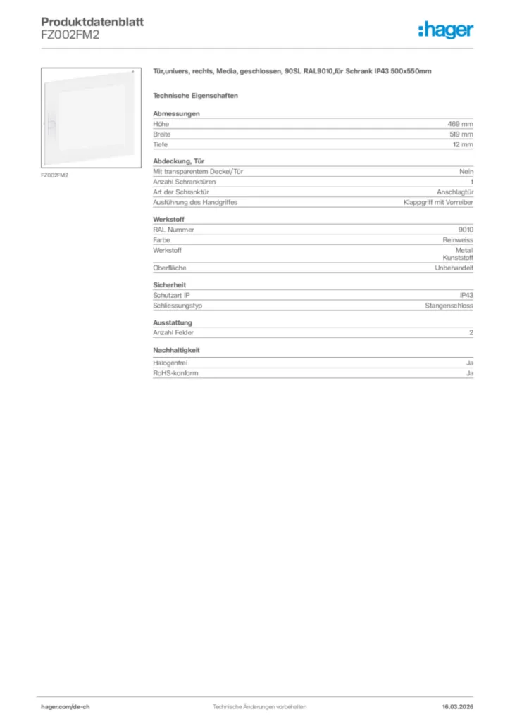 Bild Hager Produktdatenblatt FZ002FM2 | Hager Schweiz
