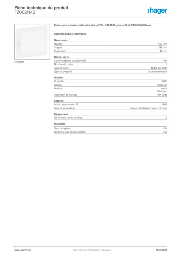 Image Hager Fiche technique du produit FZ002FM2 | Hager Suisse