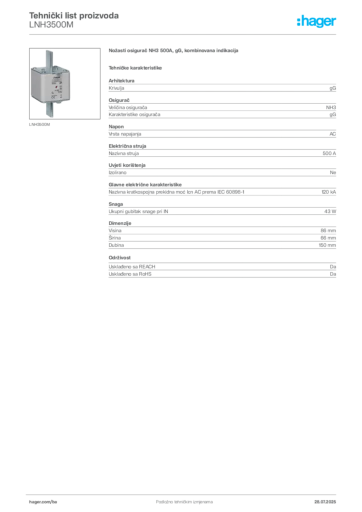 Slika Hager Product data sheet LNH3500M  | Hager