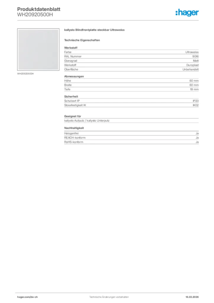 Bild Hager Produktdatenblatt WH20920500H | Hager Schweiz