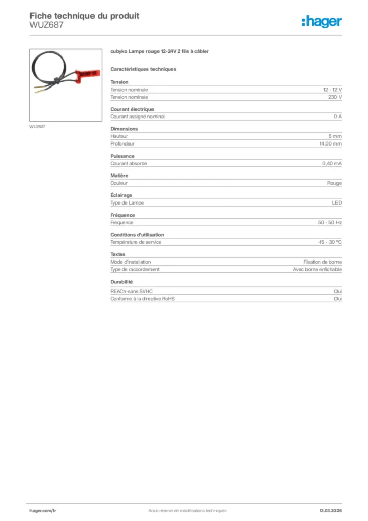 Image Hager Fiche technique du produit WUZ687 | Hager France