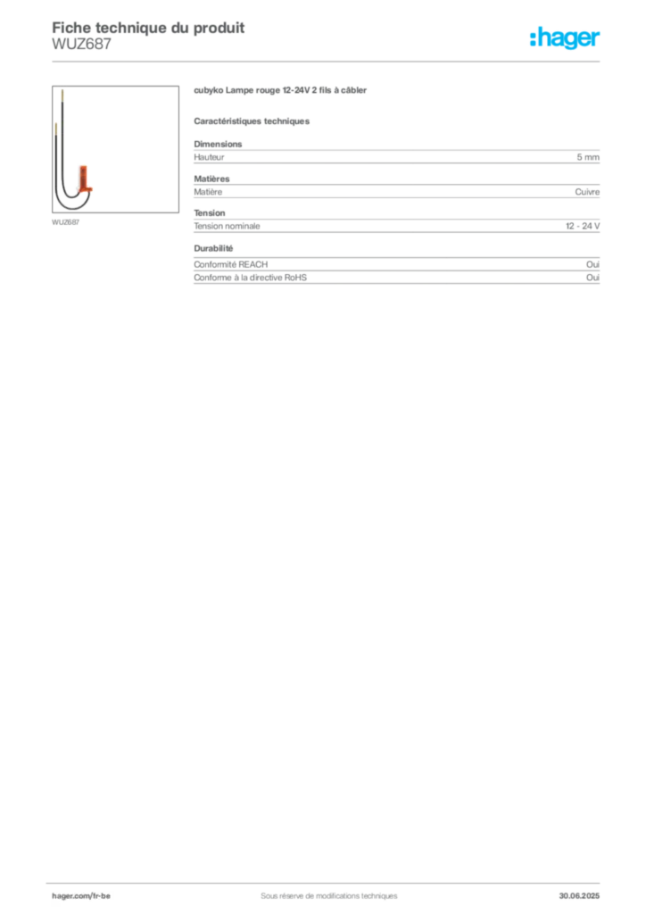 Image Hager Fiche technique du produit WUZ687 | Hager Belgique