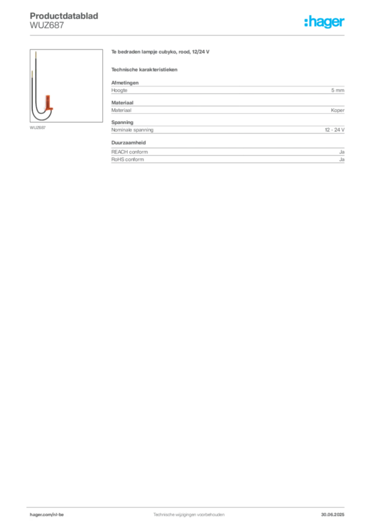 Afbeelding Hager Productdatablad WUZ687 | Hager Belgium