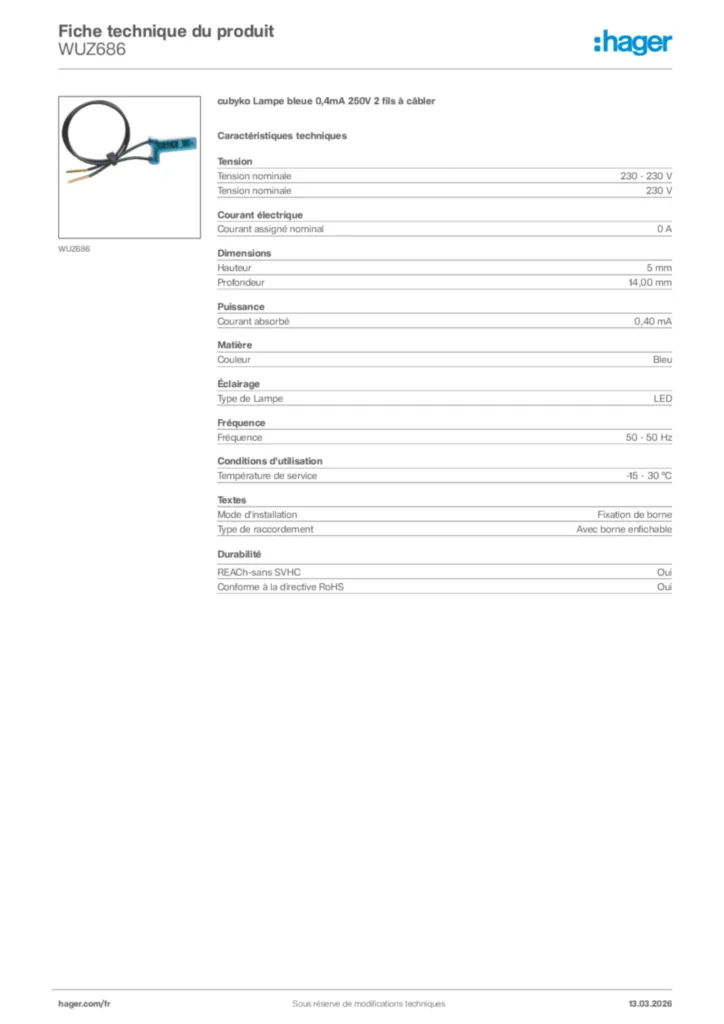 Image Hager Fiche technique du produit WUZ686 | Hager France