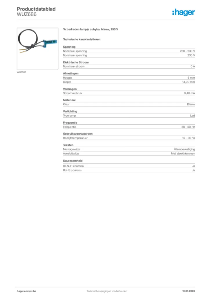 Afbeelding Hager Productdatablad WUZ686 | Hager Belgium