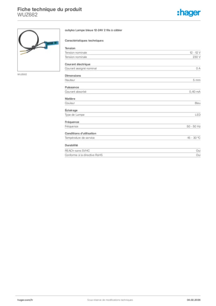 Image Hager Fiche technique du produit WUZ682 | Hager France