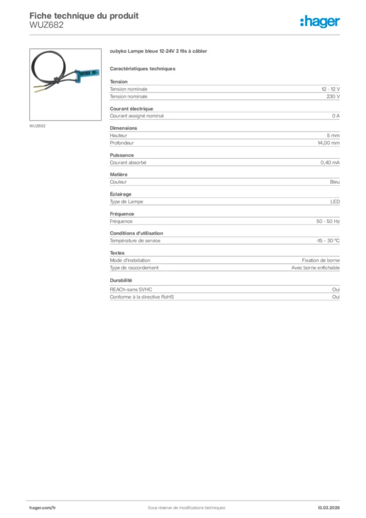 Image Hager Fiche technique du produit WUZ682 | Hager France