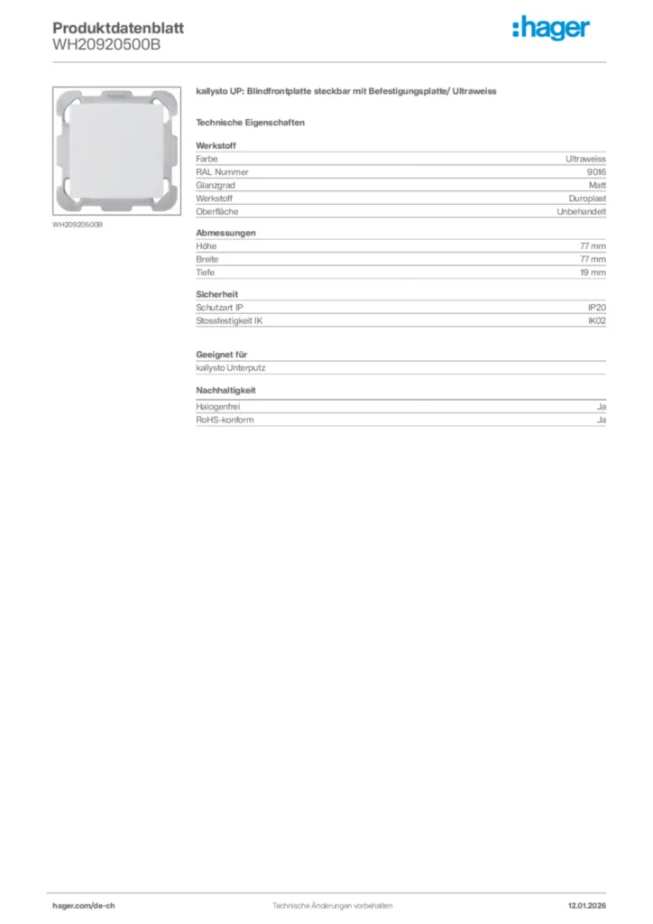 Bild Hager Produktdatenblatt WH20920500B | Hager Schweiz