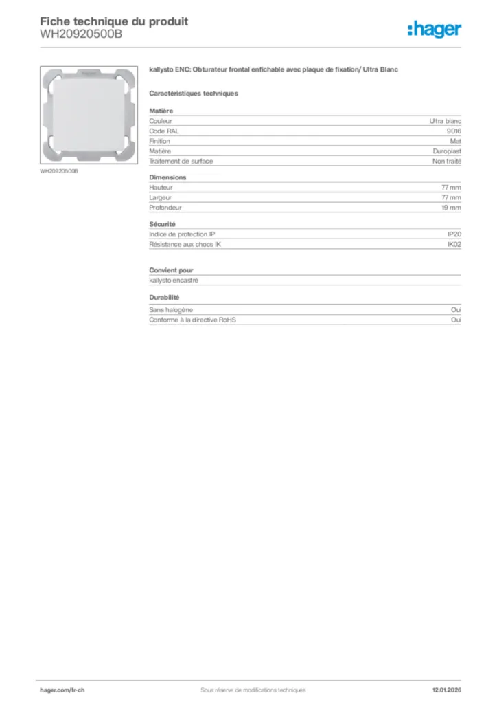 Image Hager Fiche technique du produit WH20920500B | Hager Suisse