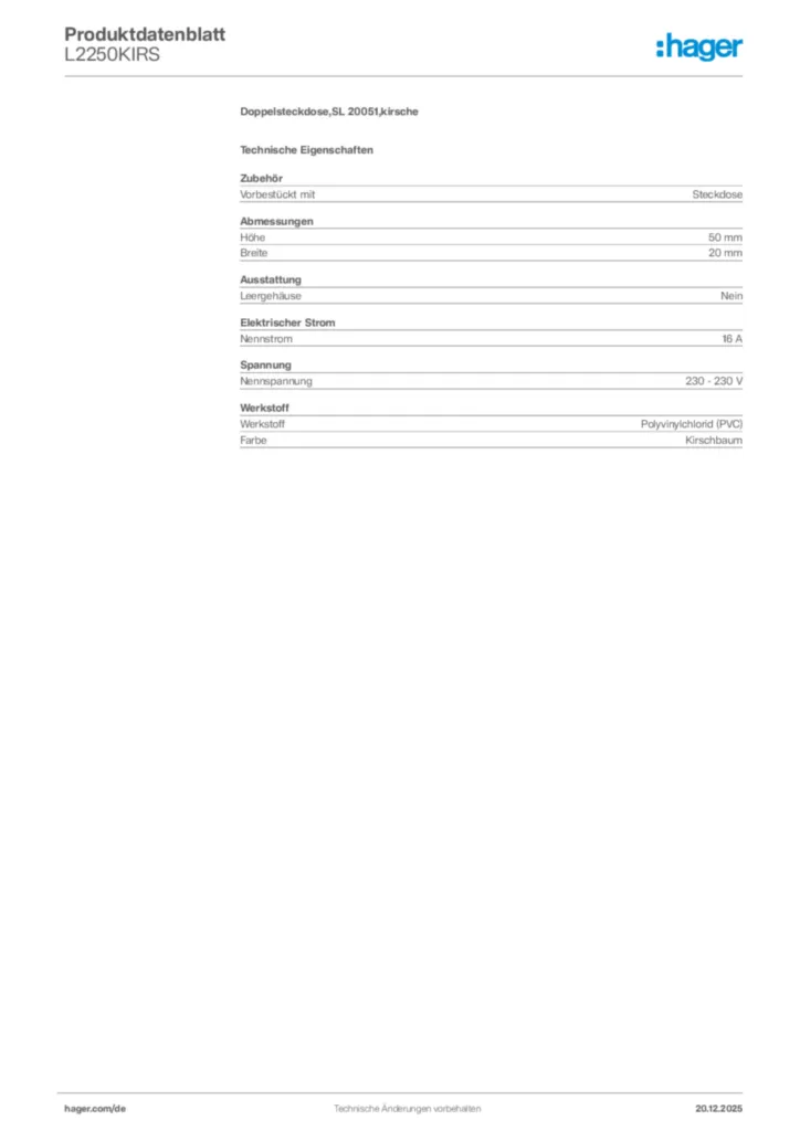 Bild Hager Produktdatenblatt L2250KIRS | Hager Deutschland