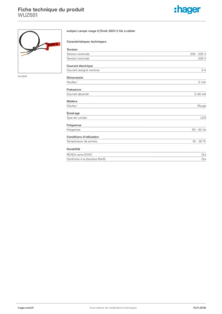 Image Hager Fiche technique du produit WUZ681 | Hager France