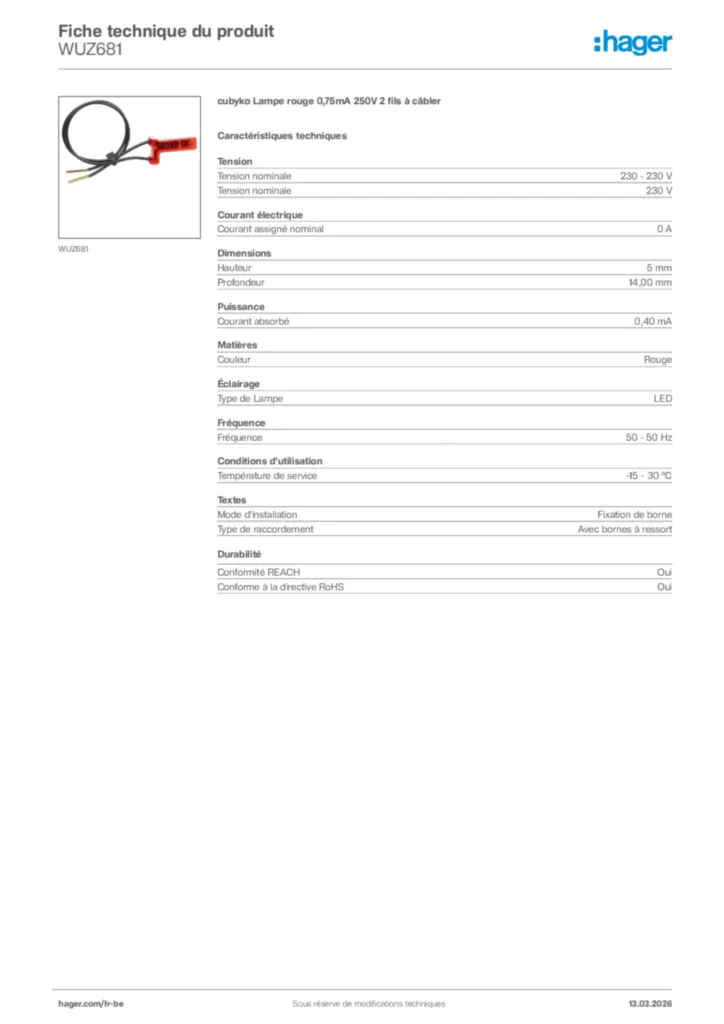 Image Hager Fiche technique du produit WUZ681 | Hager Belgique