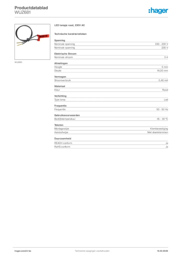 Afbeelding Hager Productdatablad WUZ681 | Hager Belgium