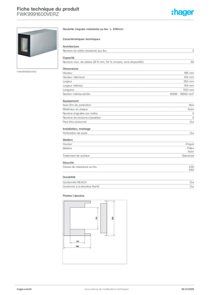 Image Hager Fiche technique du produit FWK9991600VERZ | Hager France