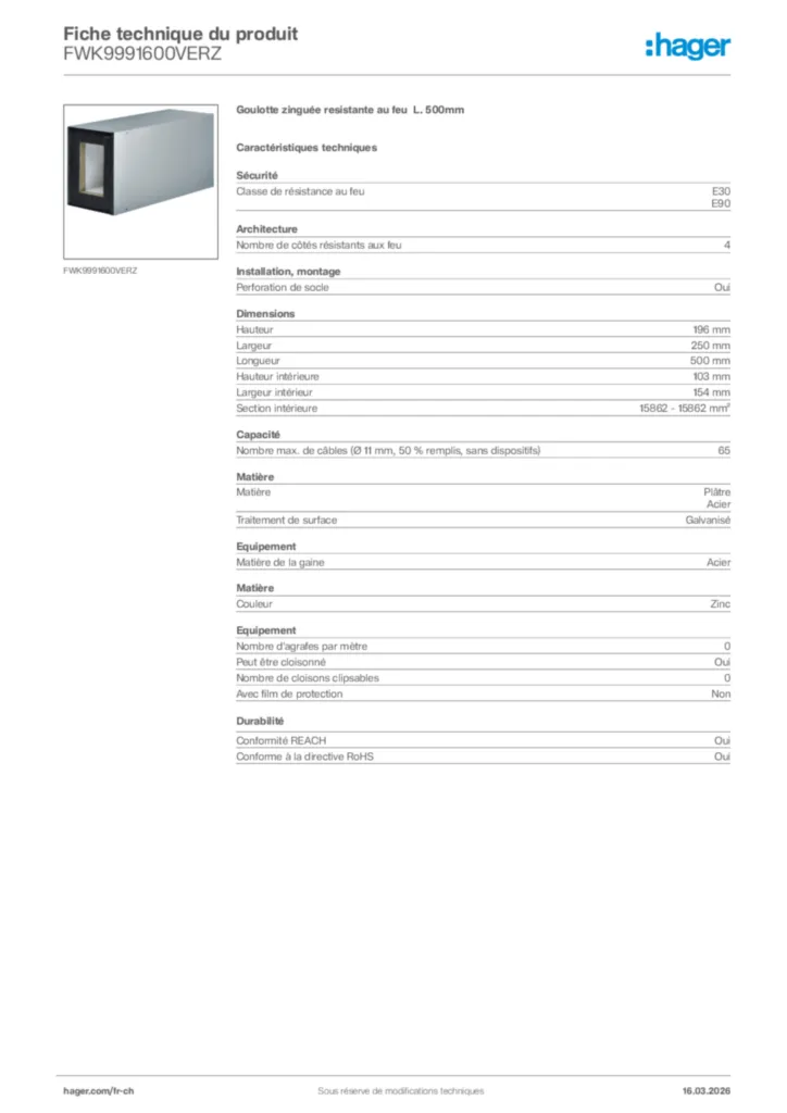 Image Hager Fiche technique du produit FWK9991600VERZ | Hager Suisse
