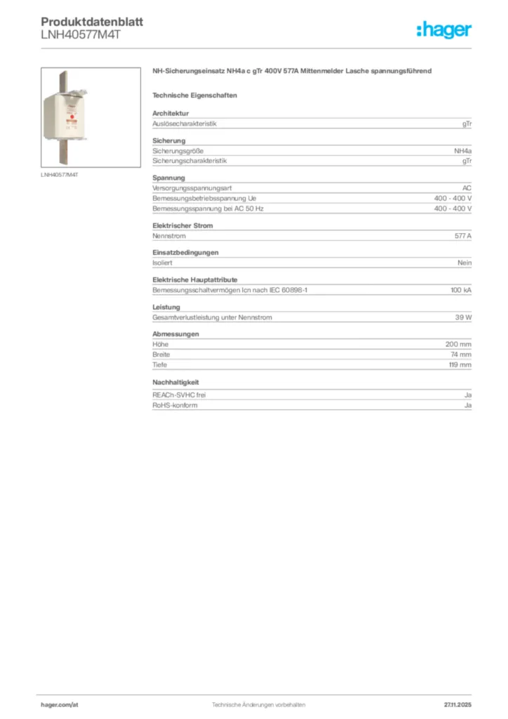 Bild Hager Produktdatenblatt LNH40577M4T | Hager Deutschland