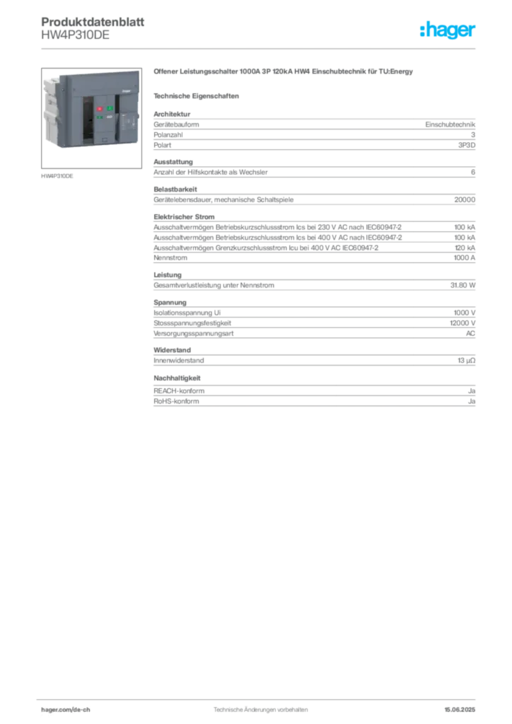Bild Hager Produktdatenblatt HW4P310DE | Hager Schweiz