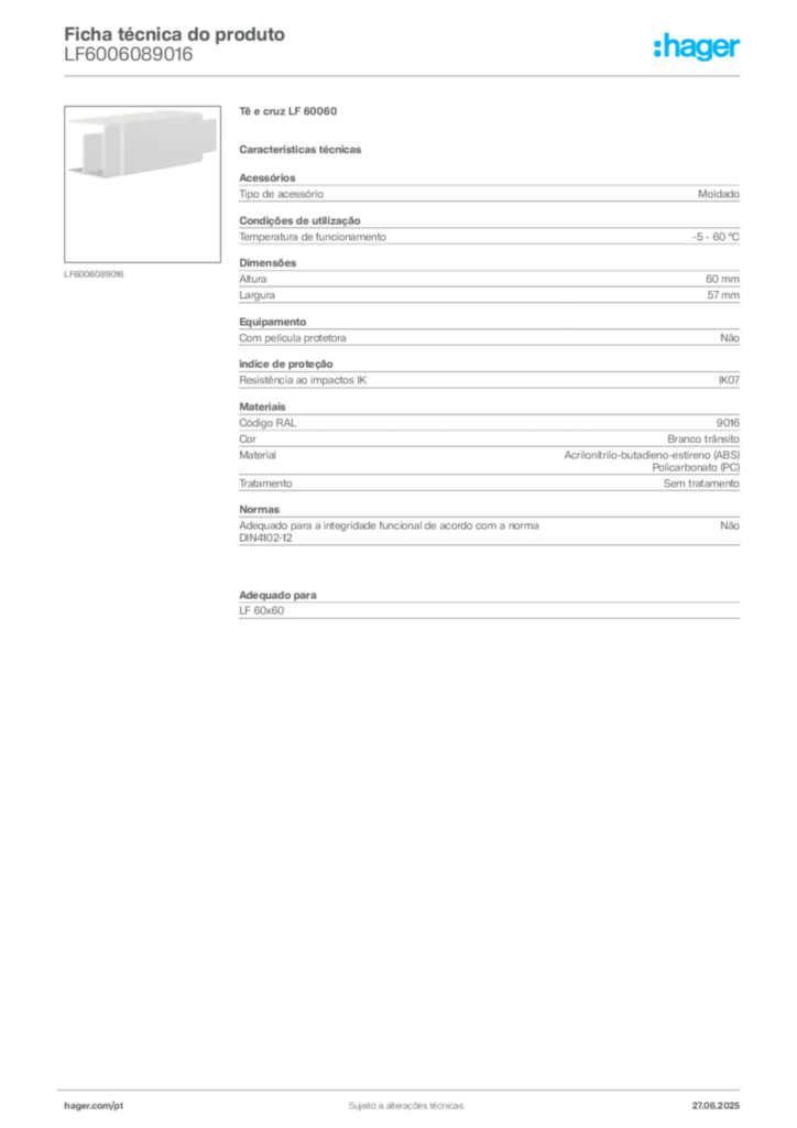 Imagem Hager Ficha técnica do produto LF6006089016 | Hager Portugal