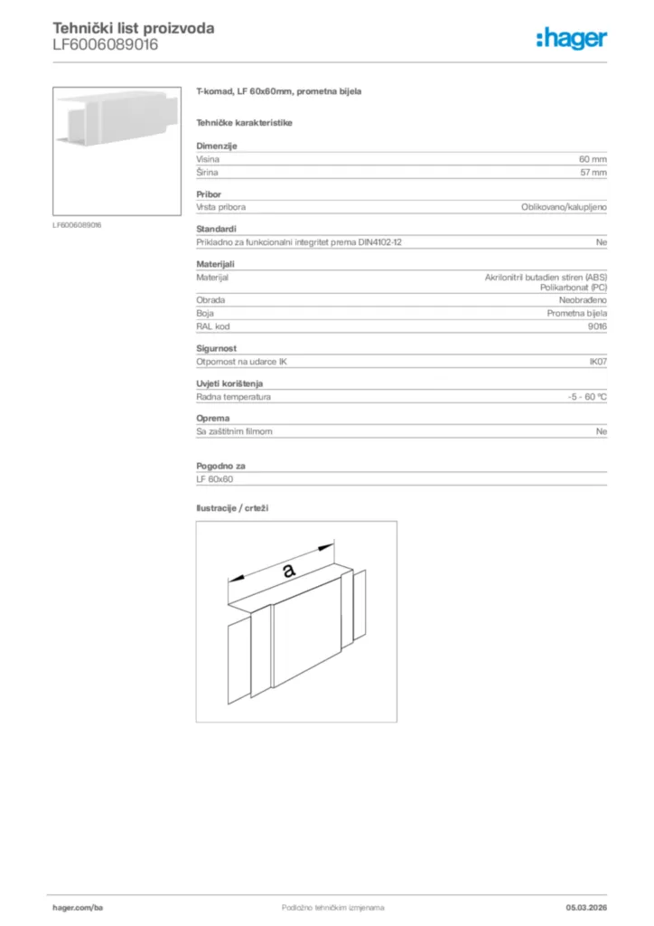 Slika Hager Tehnički list proizvoda LF6006089016  | Hager