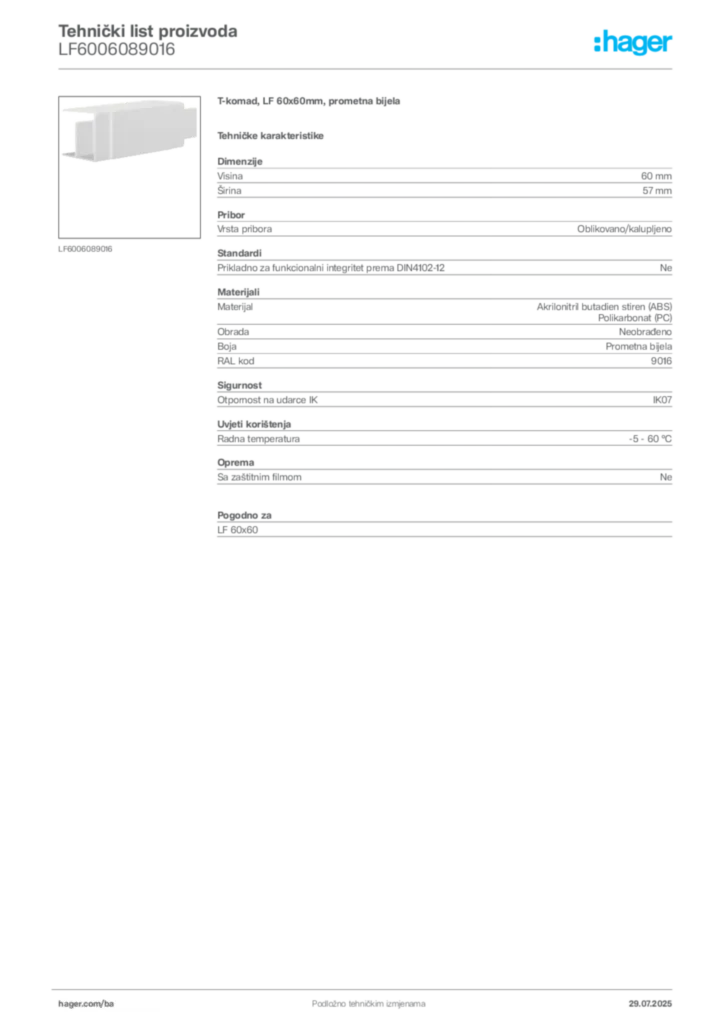 Slika Hager Product data sheet LF6006089016  | Hager