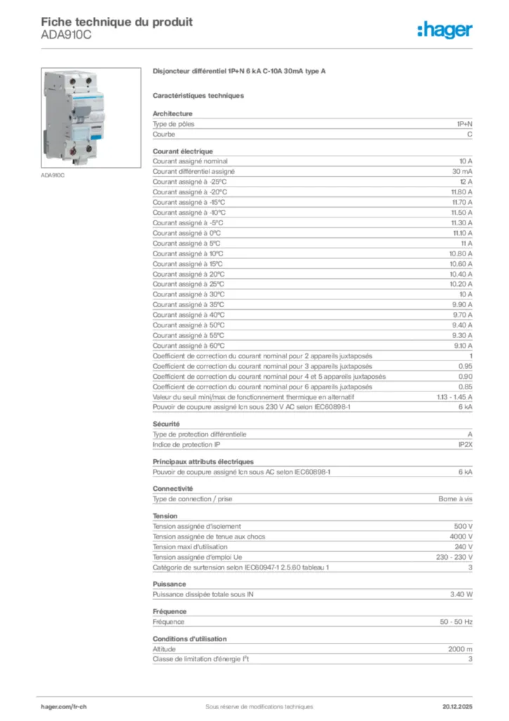 Image Hager Fiche technique du produit ADA910C | Hager Suisse