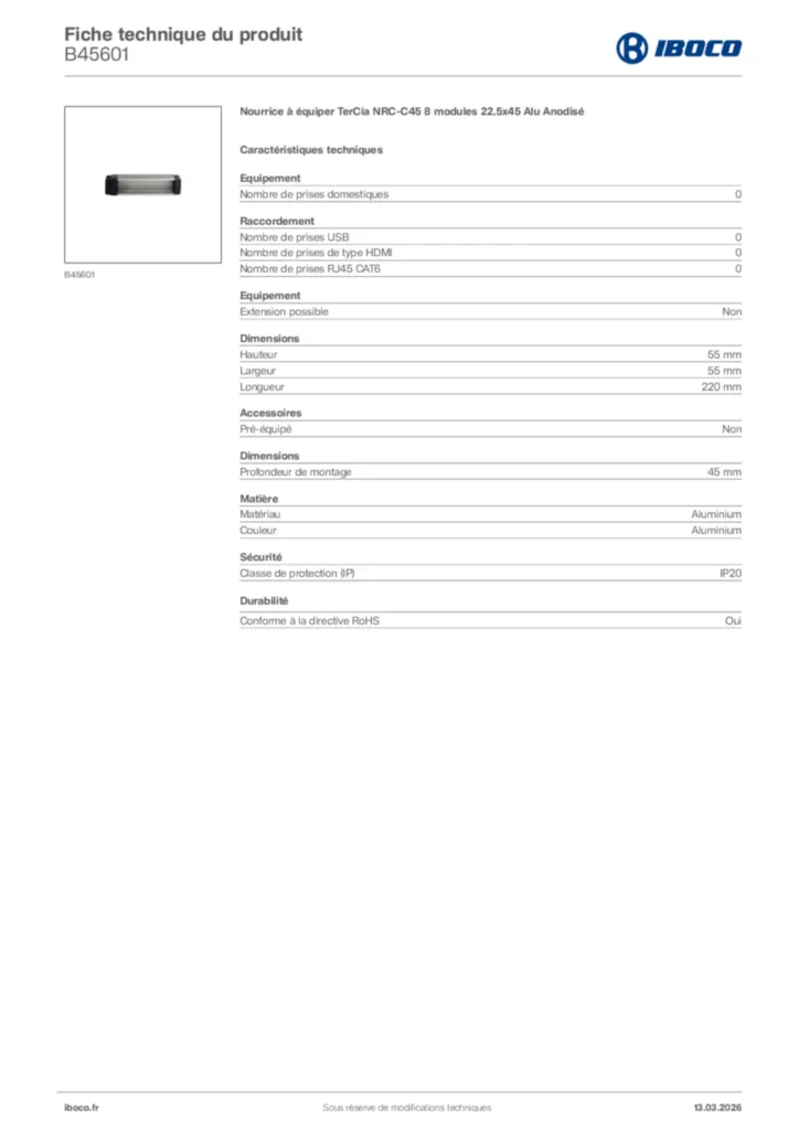 Image Iboco Fiche technique du produit B45601 | Hager France