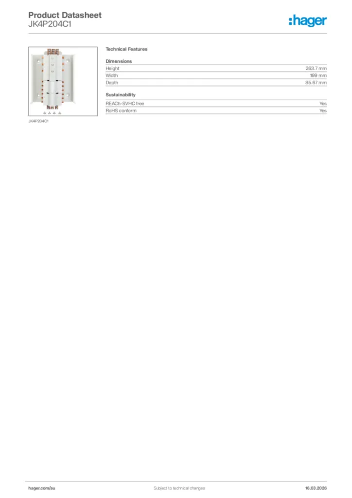 Image Hager Product data sheet JK4P204C1  | Hager Australia