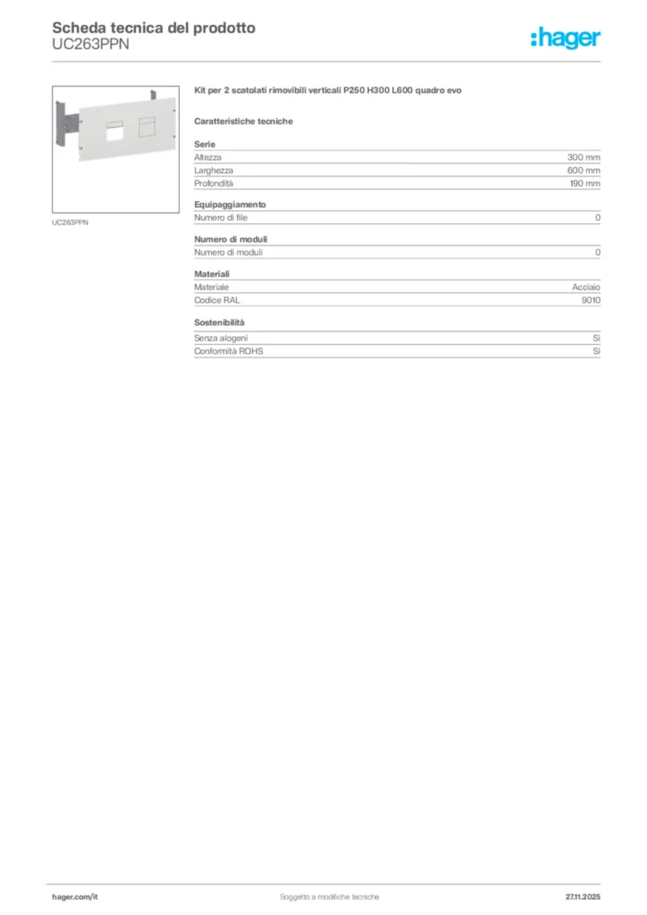 Immagine Hager Scheda tecnica del prodotto UC263PPN | Hager Italia