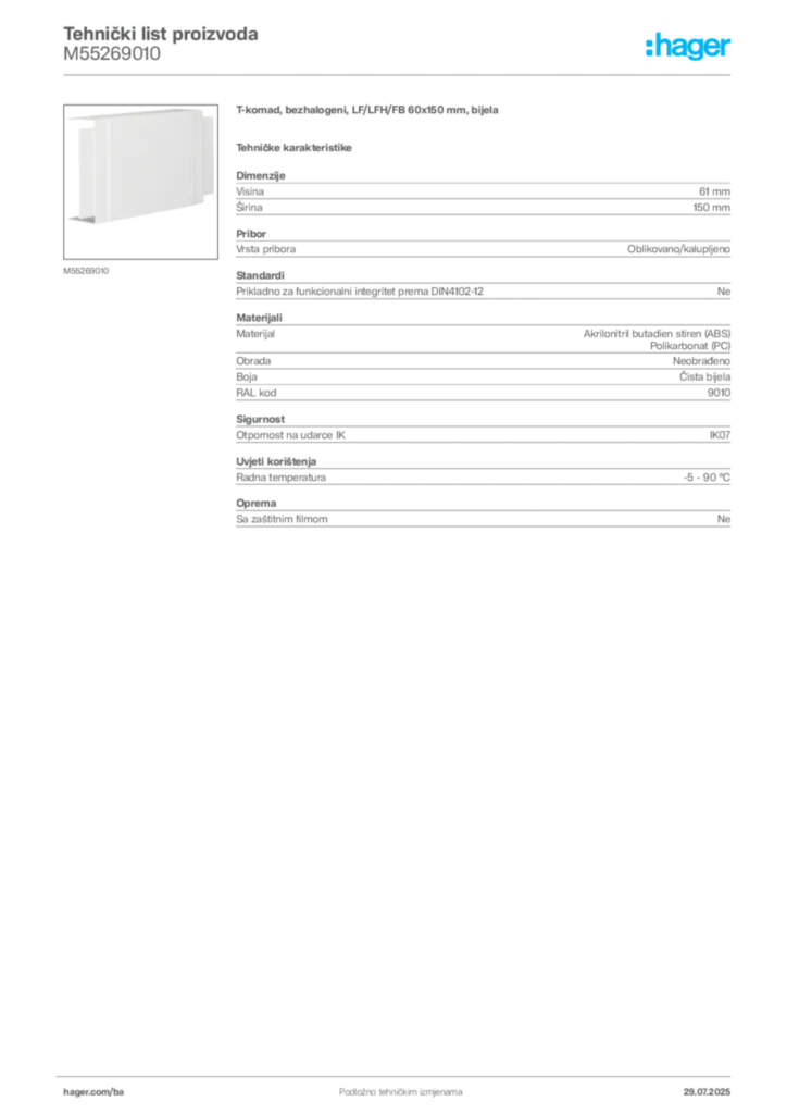 Slika Hager Product data sheet M55269010  | Hager