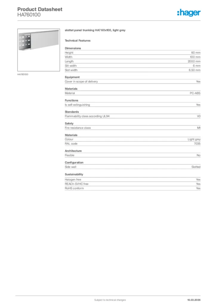 Image Hager Product data sheet HA760100  | Hager Africa