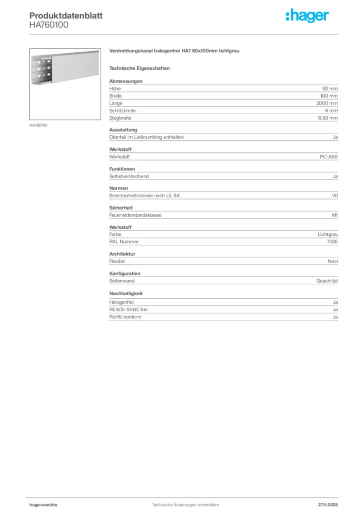 Bild Hager Produktdatenblatt HA760100 | Hager Deutschland