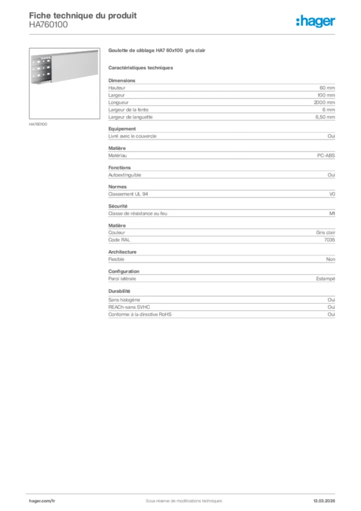 Image Hager Fiche technique du produit HA760100 | Hager France