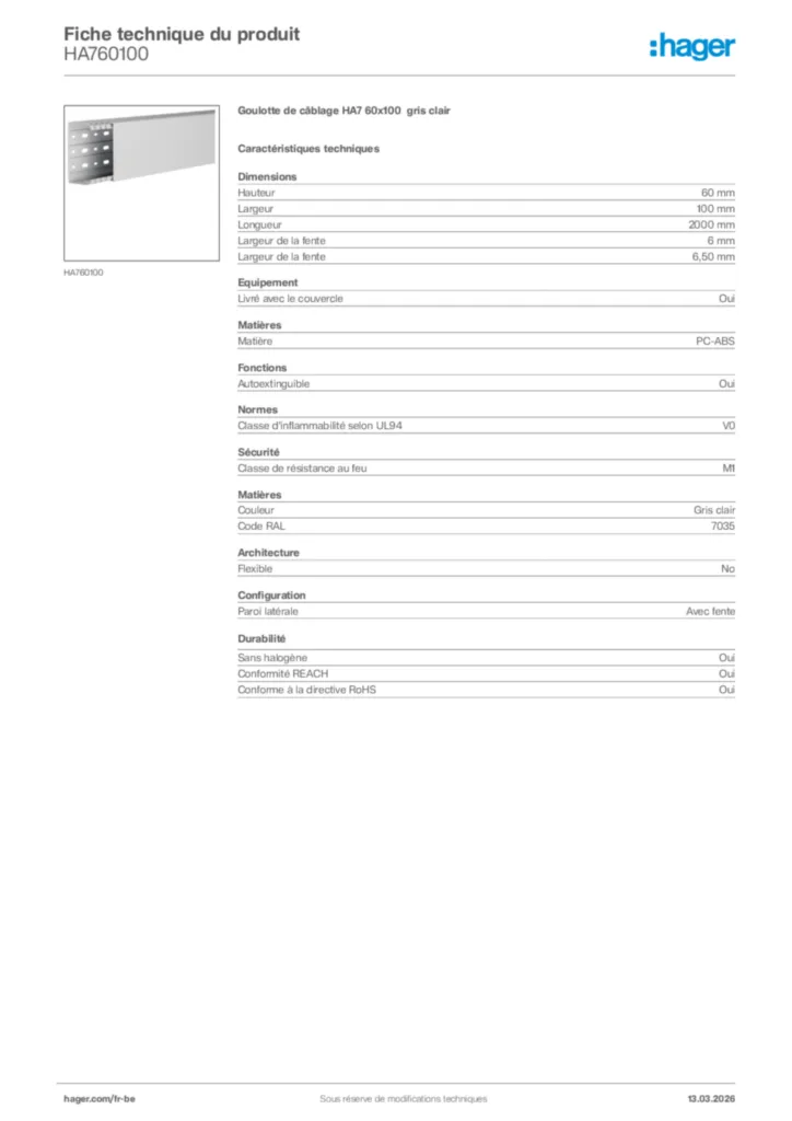 Image Hager Fiche technique du produit HA760100 | Hager Belgique