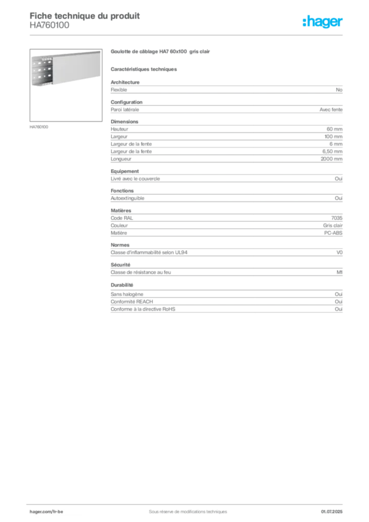Image Hager Fiche technique du produit HA760100 | Hager Belgique