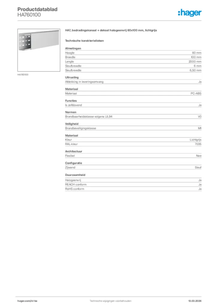 Afbeelding Hager Productdatablad HA760100 | Hager Belgium