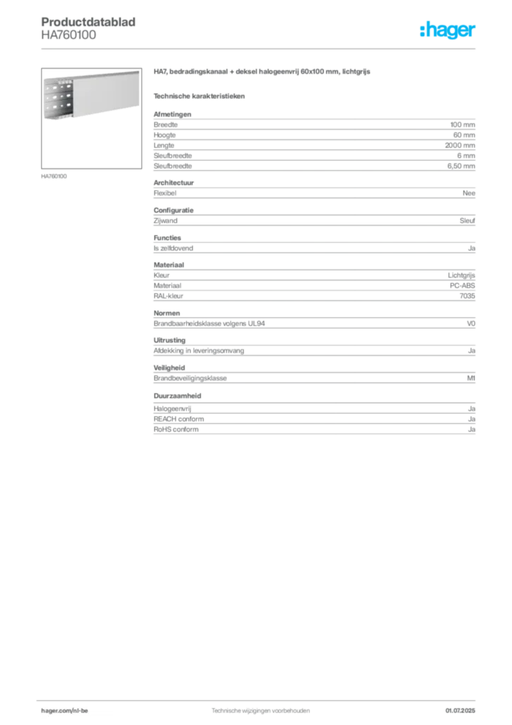 Afbeelding Hager Productdatablad HA760100 | Hager Belgium