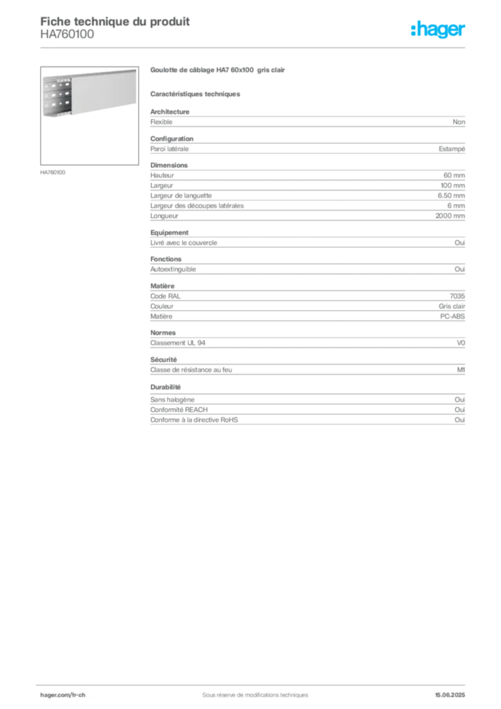 Image Hager Fiche technique du produit HA760100 | Hager Suisse