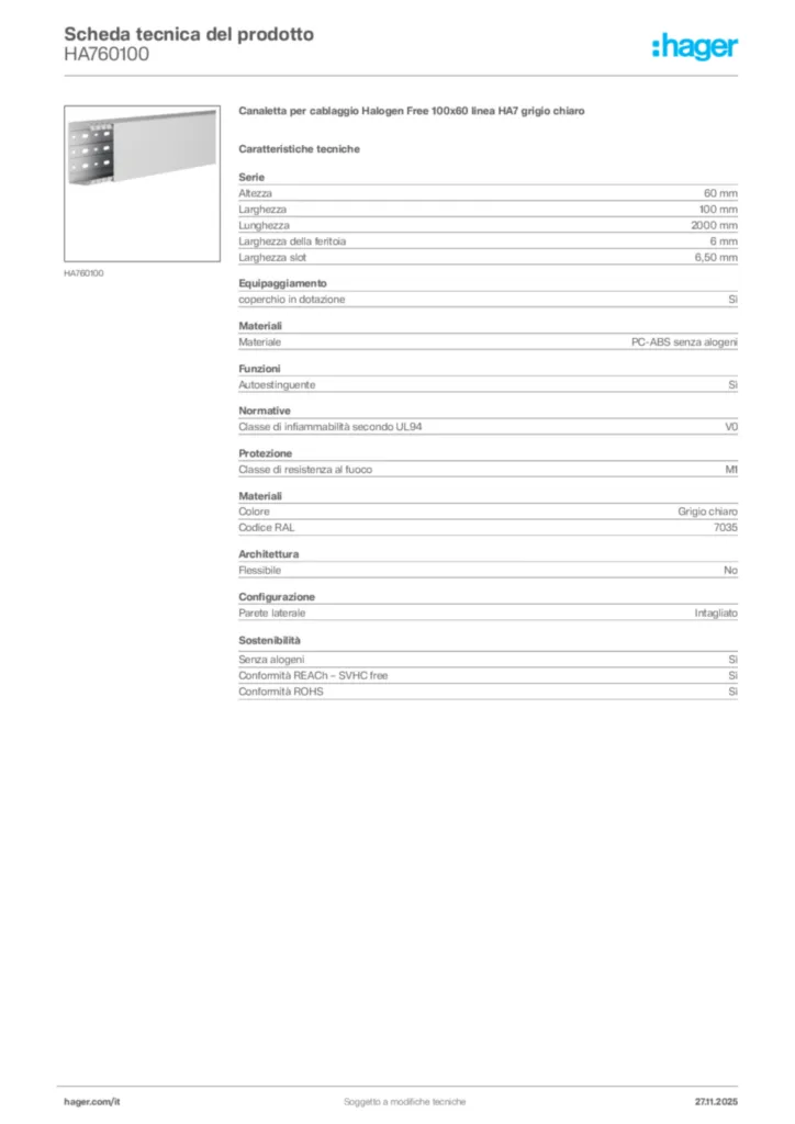 Immagine Hager Scheda tecnica del prodotto HA760100 | Hager Italia