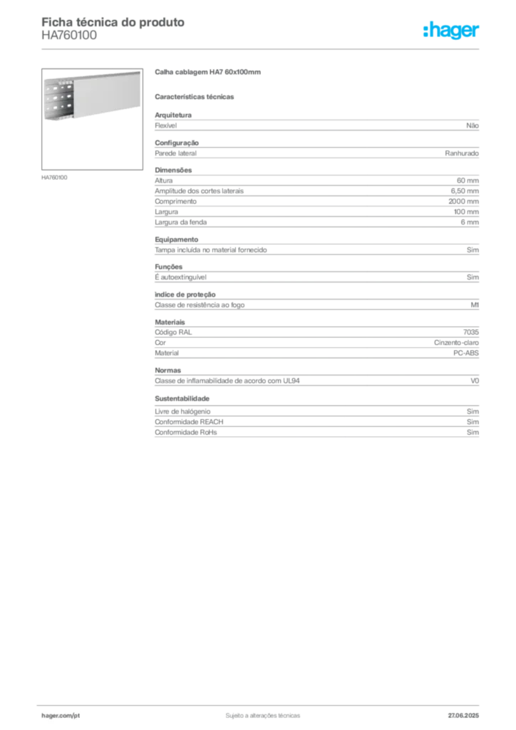 Imagem Hager Ficha técnica do produto HA760100 | Hager Portugal