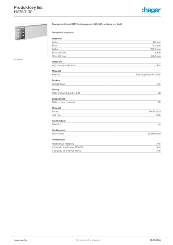 Obrázek Hager Product data sheet HA760100 | Hager