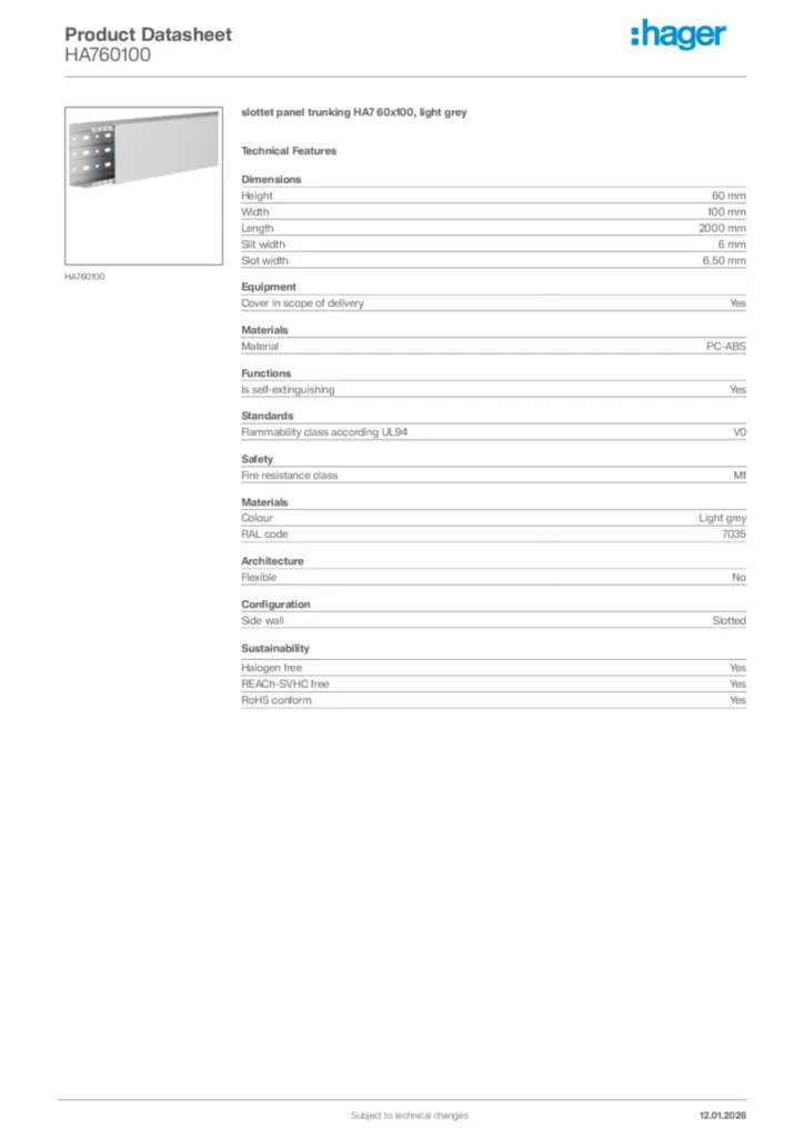 Image Hager Product data sheet HA760100  | Hager