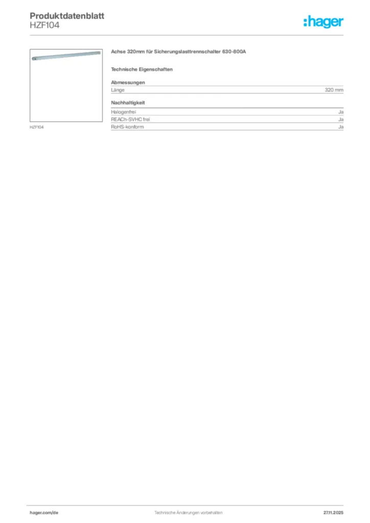 Bild Hager Produktdatenblatt HZF104 | Hager Deutschland