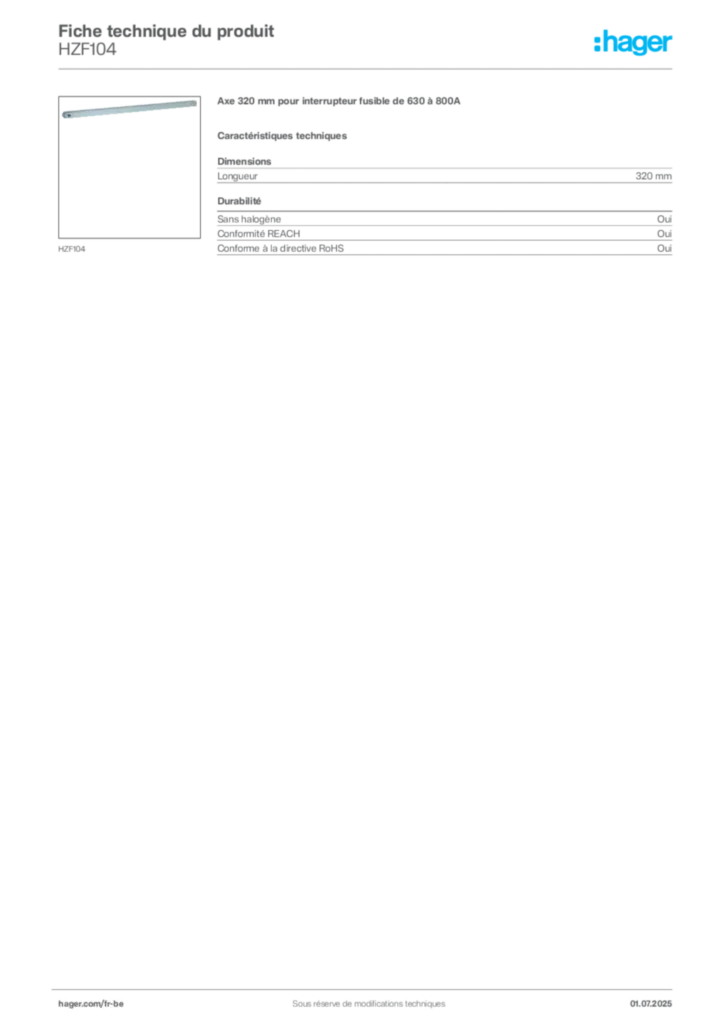 Image Hager Fiche technique du produit HZF104 | Hager Belgique
