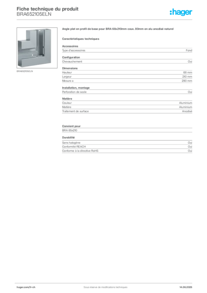 Image Hager Fiche technique du produit BRA652105ELN | Hager Suisse