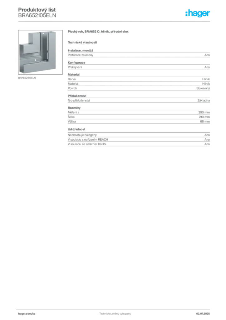 Obrázek Hager Produktový list BRA652105ELN | Hager