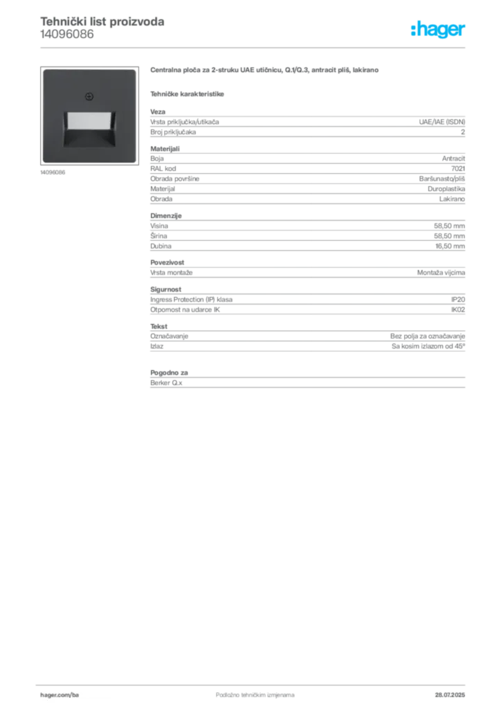 Slika Hager Product data sheet 14096086  | Hager